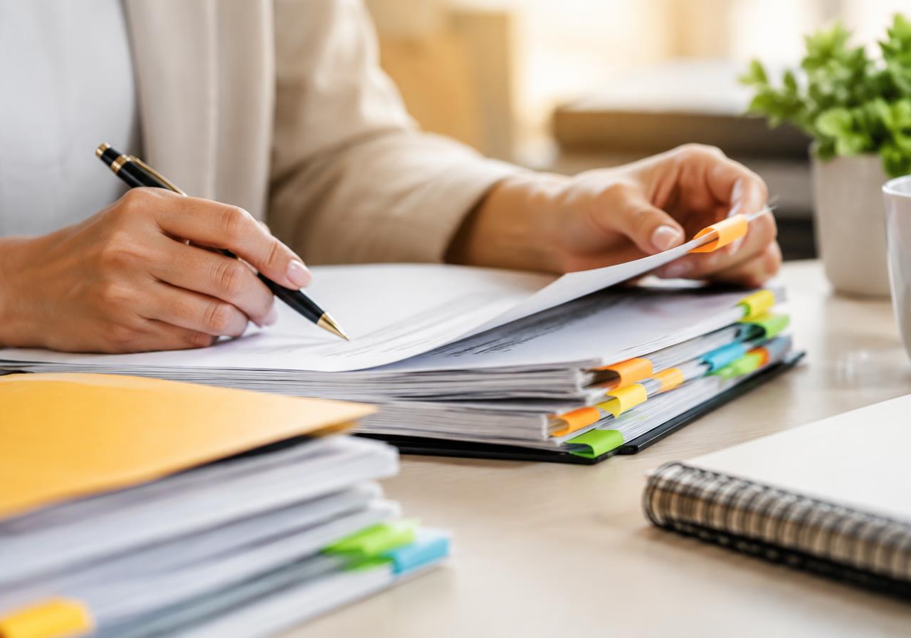 Hands reviewing and indexing a stack of documents with colored tabs at a bright desk