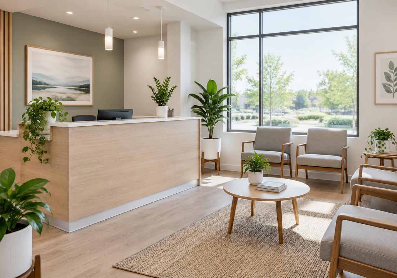 Bright, welcoming reception area with a light wood counter, plants and comfortable waiting chairs