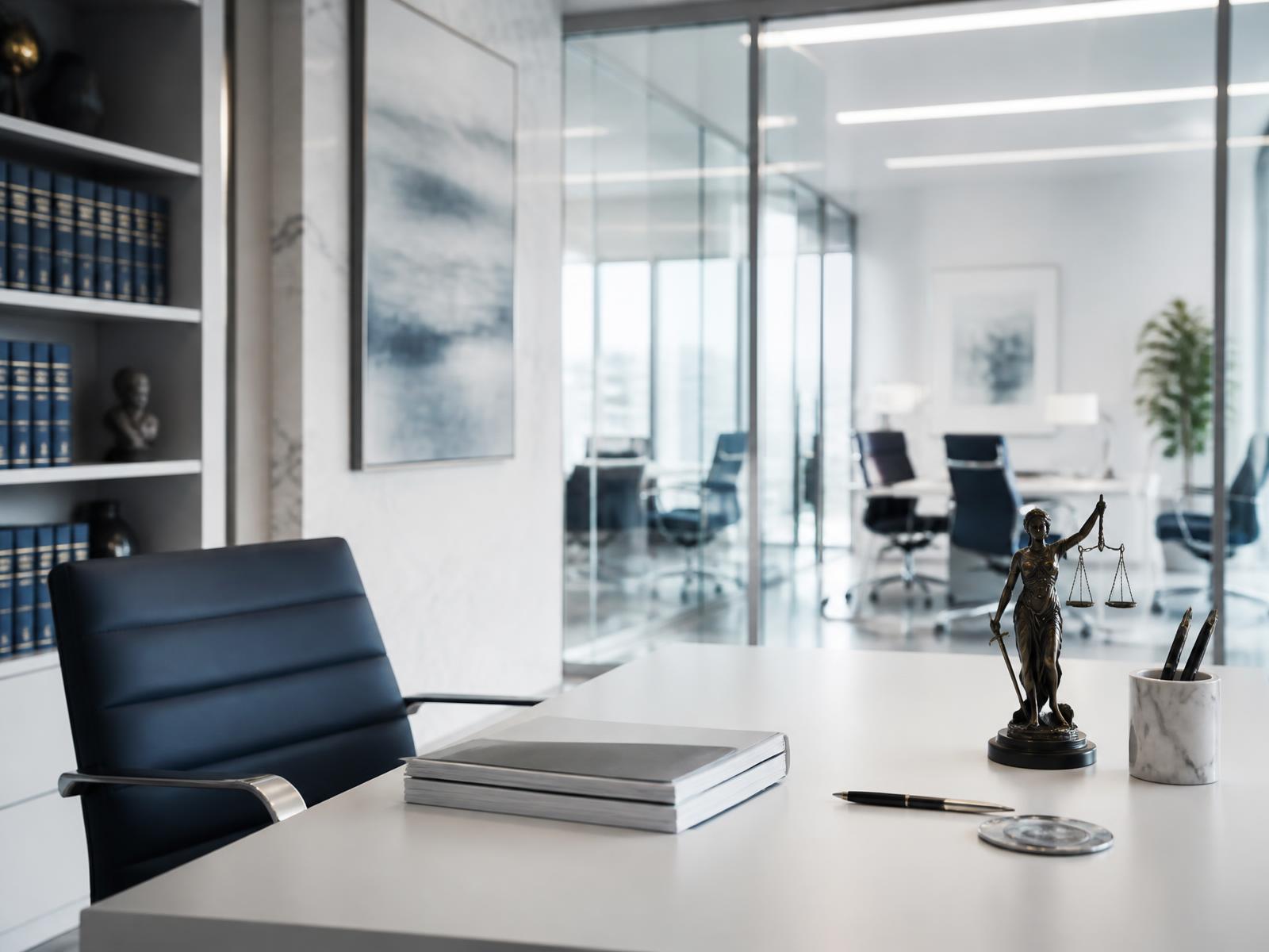 Bright modern legal office with glass partitions and neatly stacked case documents