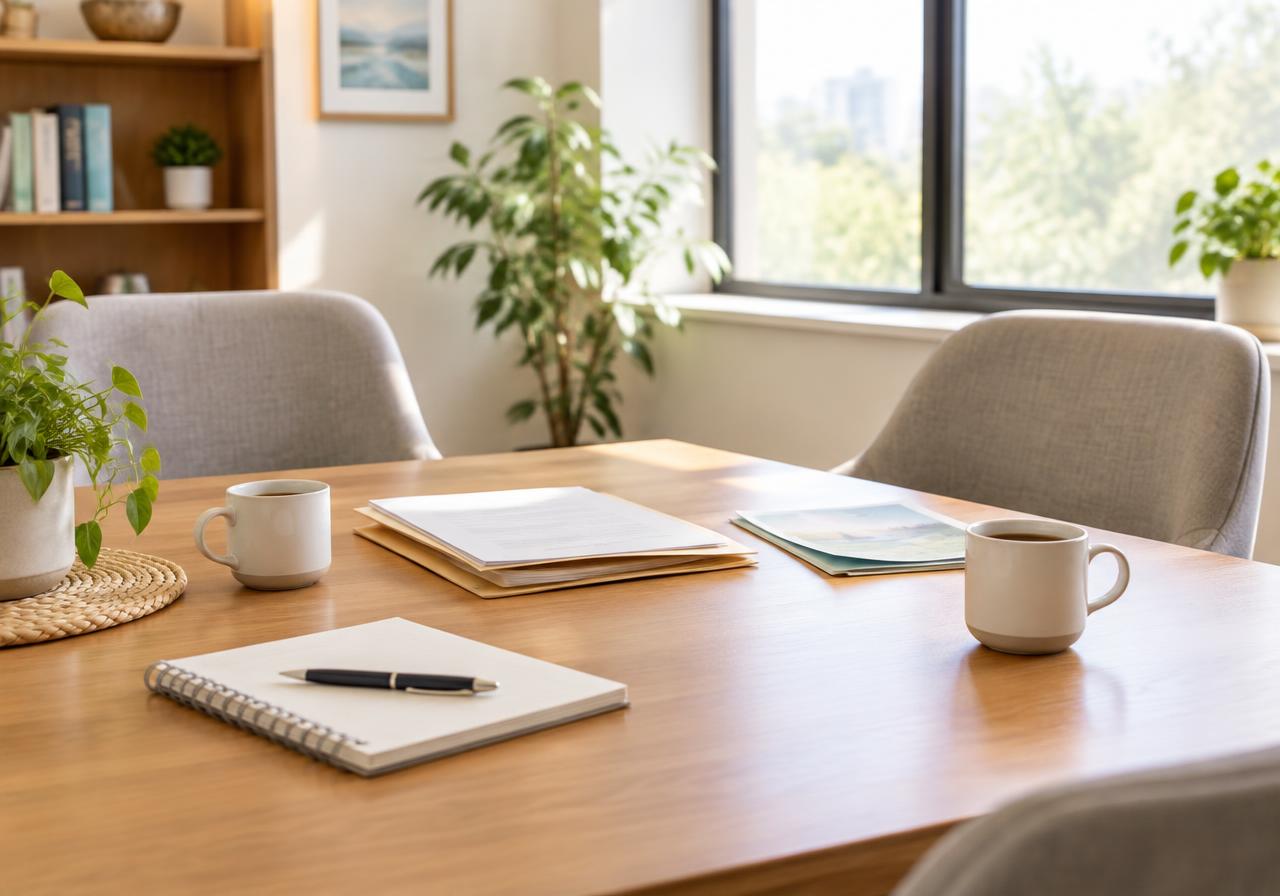 A calm consultation table with family paperwork, a notebook and two coffee cups by a sunny window