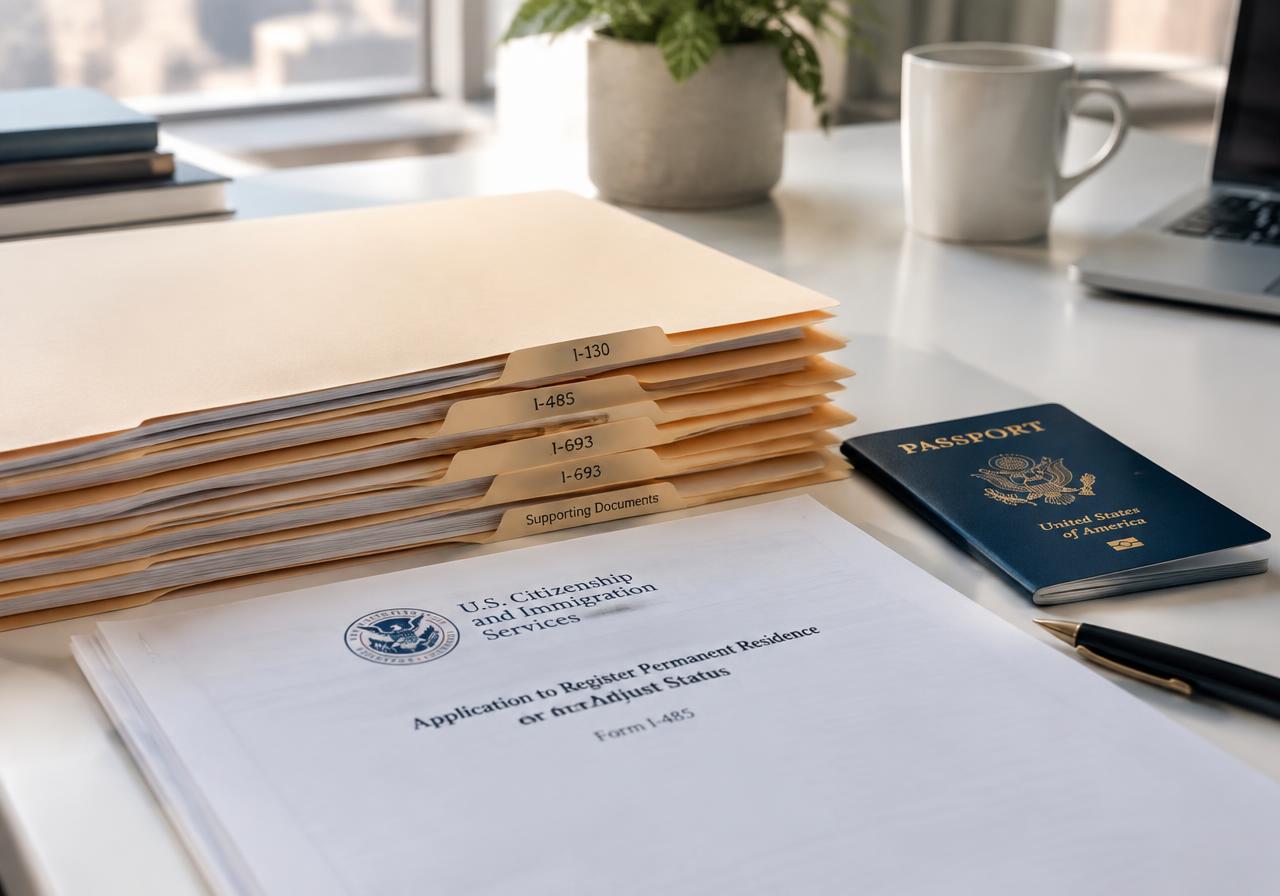 A prepared USCIS filing packet with tabbed folders, a passport and a Form I-485 cover page on a bright desk