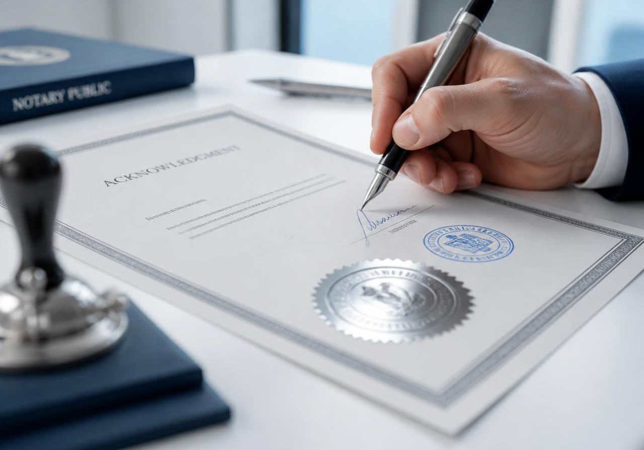 Hand signing a notarized acknowledgment document beside a silver seal