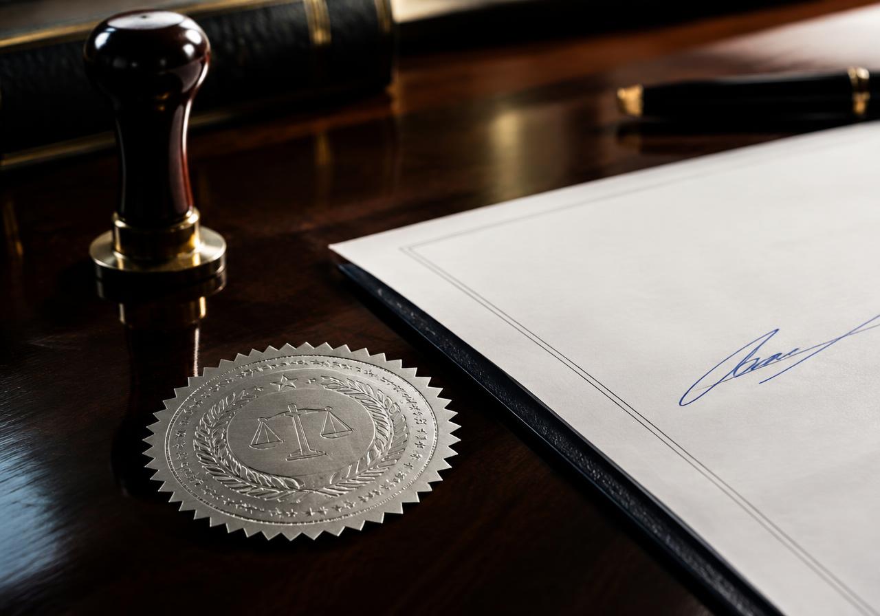 An embossed silver notary seal, a stamp and a signed document page on a polished desk