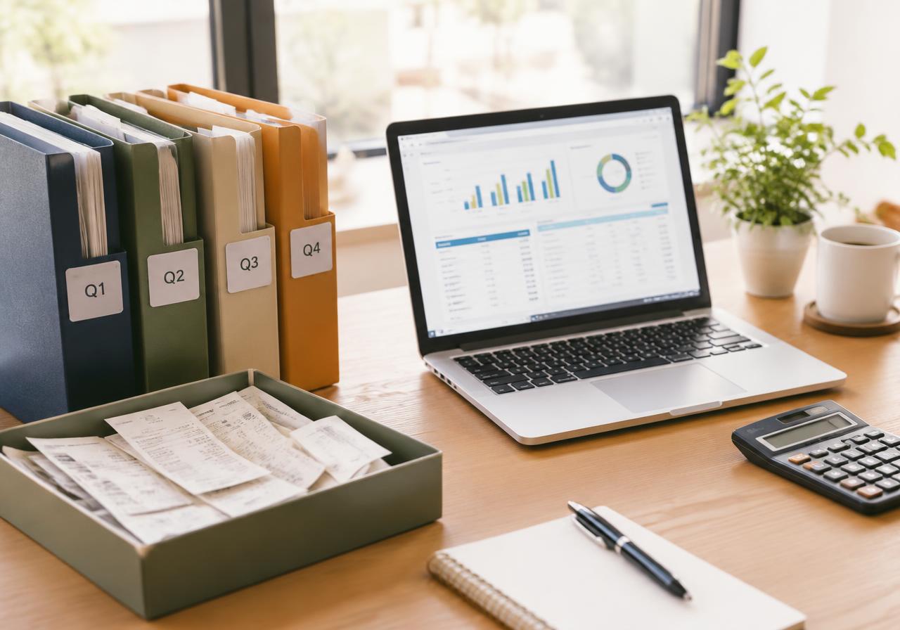 Quarterly record binders and receipts beside a laptop showing clean financial summaries