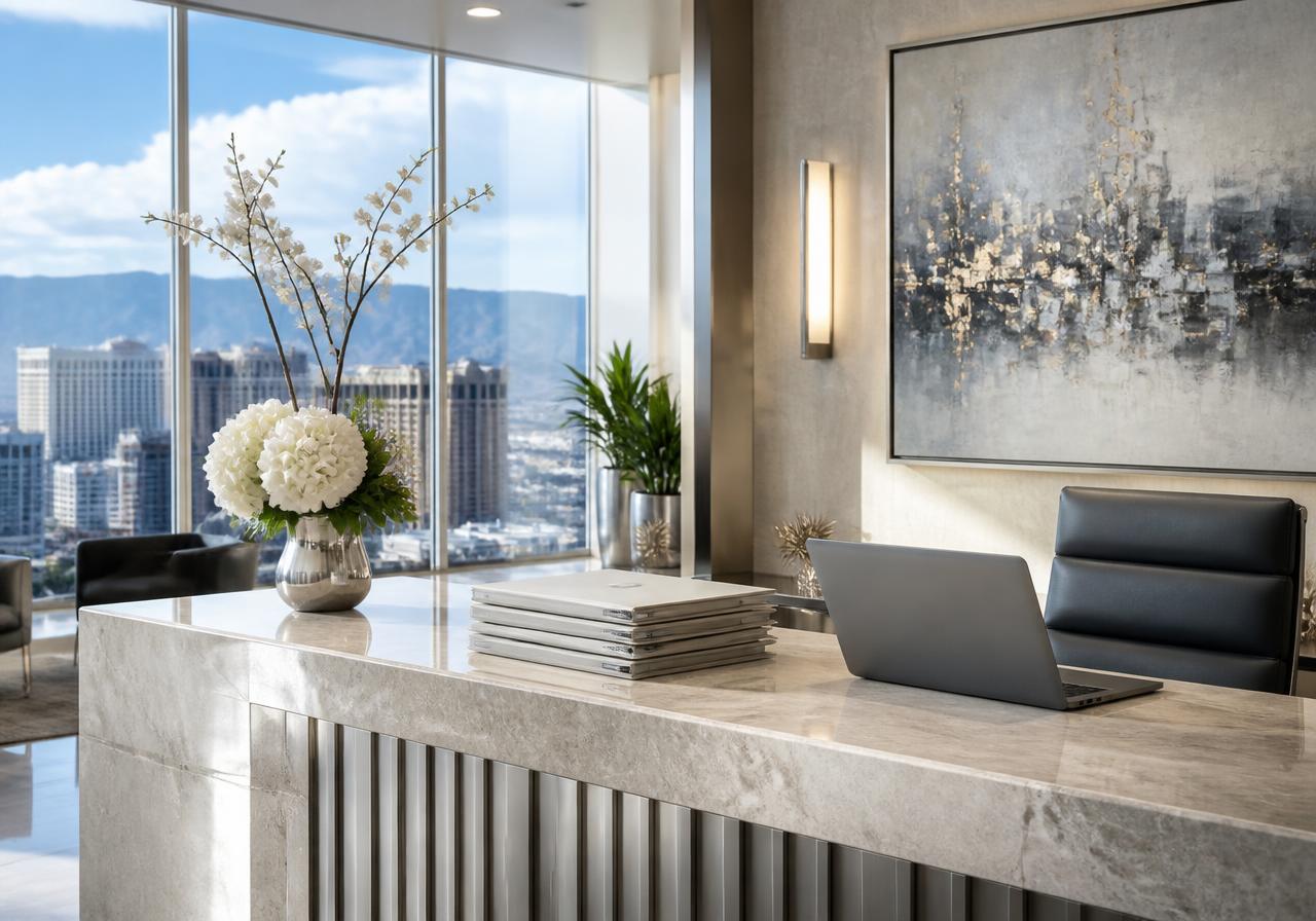Bright modern Las Vegas office reception with platinum accents and city views